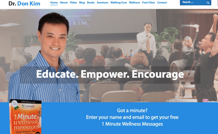 The website is dedicated to podiatrist Dr. Kim and his walking cure program, which offers a natural solution for leg pain. It also showcases his books on healthy living and the K Wellness Center, which offers natural treatments for chronic conditions.